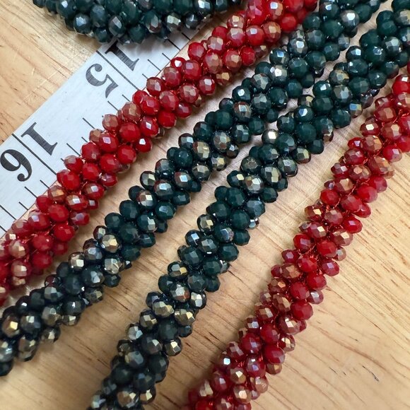 Red Green Faceted Beaded Necklaces Stretch Bracelet Set, Holiday, Glam, Festive - Picture 10 of 10